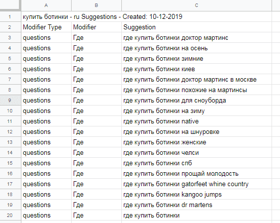 таблица с выгрузкой подобранных ключей