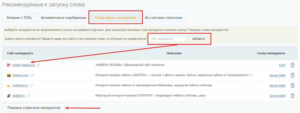 Подбор ключевых слов конкурентов с дальнейшим углублением