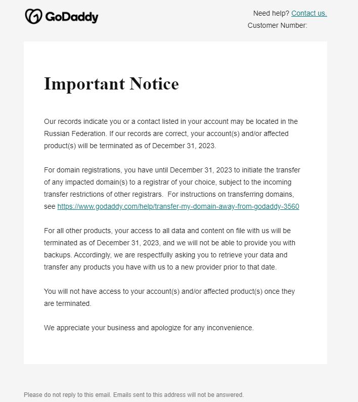 Хостинг-провайдер GoDaddy перестанет оказывать услуги пользователям из России