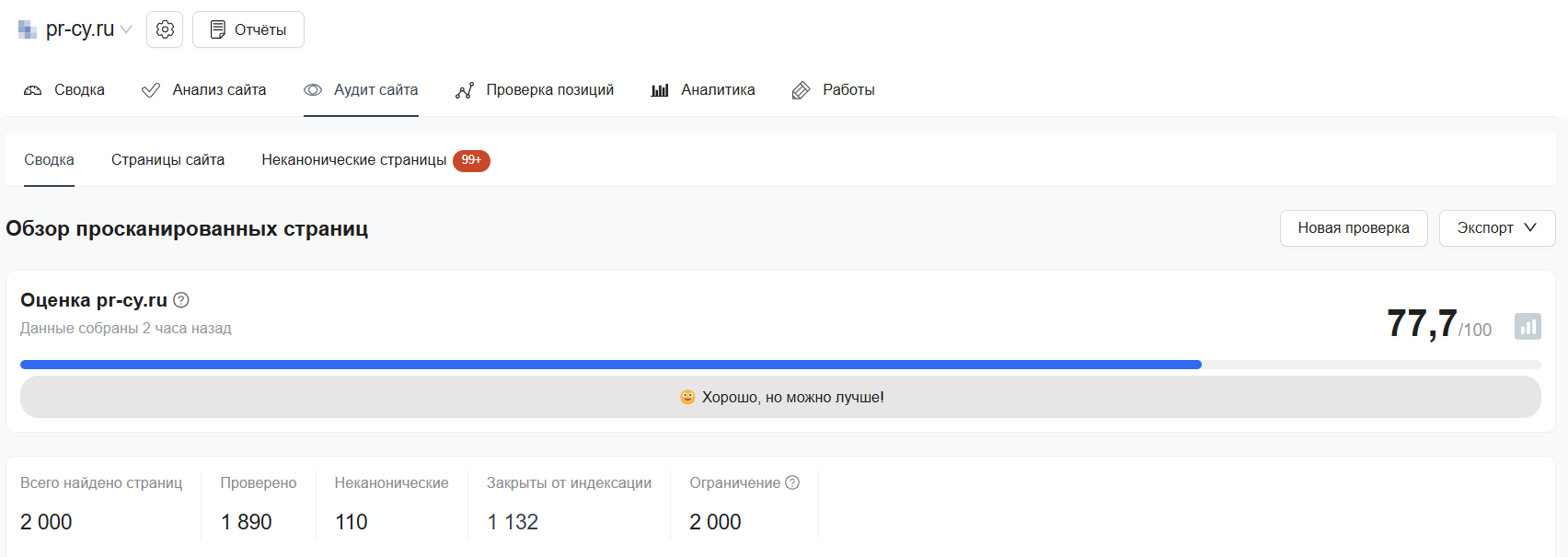 Аудит сайта показывает неканонические страницы и те, которые закрыты от индексации