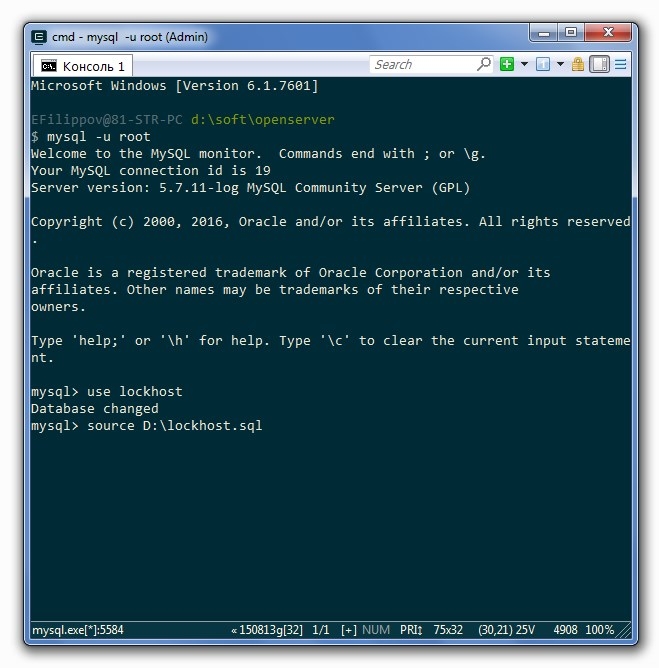 Импорт большого дампа БД в OpenServer через консоль