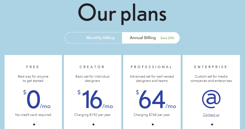 Тарифы конструктора для сайта Readymag